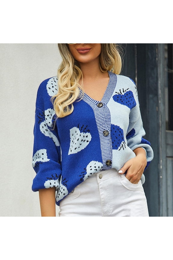 Women's Cute Strawberry Graphic Cardigan Sweaters Button Down Color Block Knit Jacket Trendy Clothes