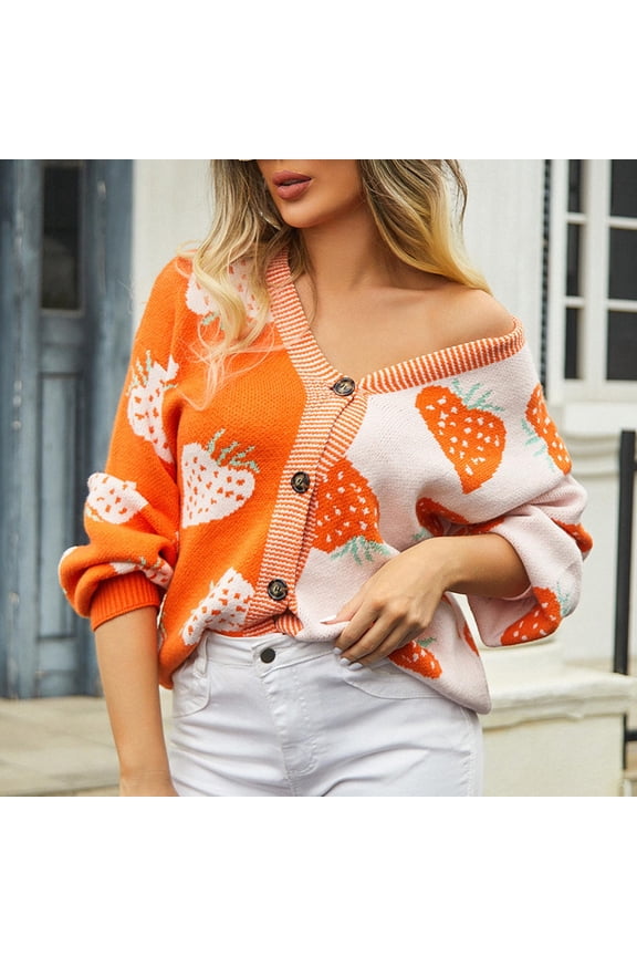 Women's Cute Strawberry Graphic Cardigan Sweaters Button Down Color Block Knit Jacket Trendy Clothes
