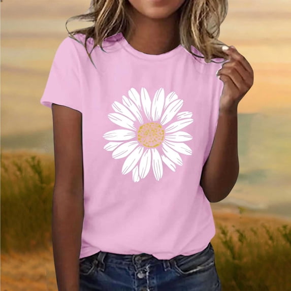 Karight Women's Daisy Flower Graphic Tee Shirt Casual Short Sleeve Crewneck Summer Tops Cute Minimalist Floral Print T Shirt