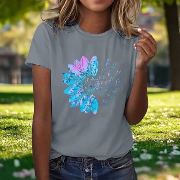 Karight Women's Daisy Flower Graphic Tee Shirt Casual Short Sleeve Crewneck Summer Tops Cute Minimalist Floral Print T Shirt