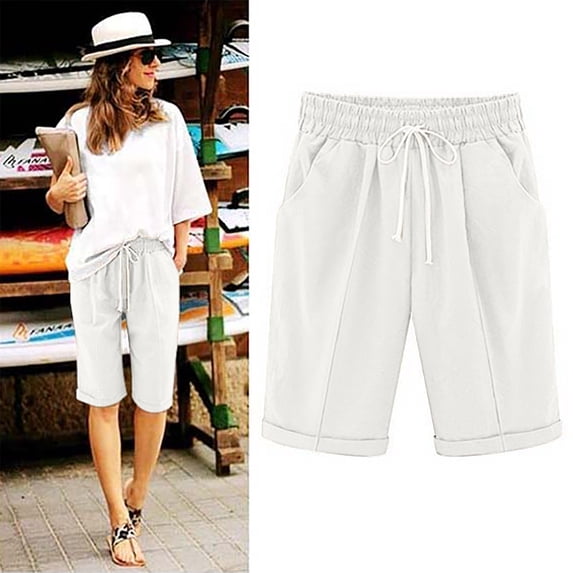 Karight Women's Elastic Waist Casual Comfy Cotton Linen Beach Shorts with Drawstring Knee Length Curling Bermuda Shorts