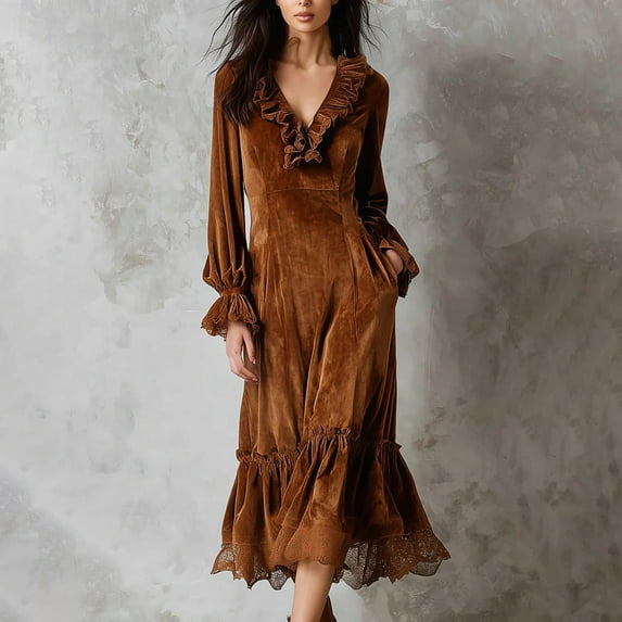 Karight Women’s Elegant Velvet Long Sleeve Dress Casual V Neck Babydoll Flowy Formal Wedding Party Mini Dress
