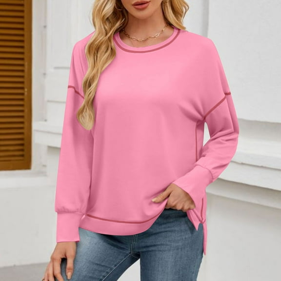 Karight Women's Fall Fashion Sweatshirt Casual Long Sleeve Crewneck Tops Trendy Contrast Stitching Side Slit Pullover Tops