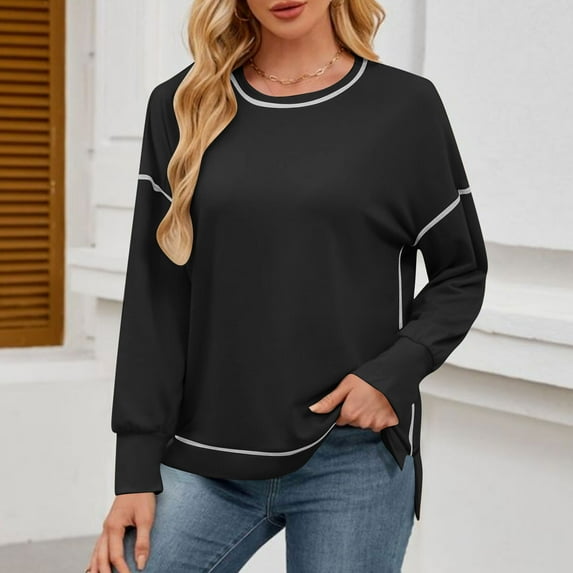 Karight Women's Fall Fashion Sweatshirt Casual Long Sleeve Crewneck Tops Trendy Contrast Stitching Side Slit Pullover Tops