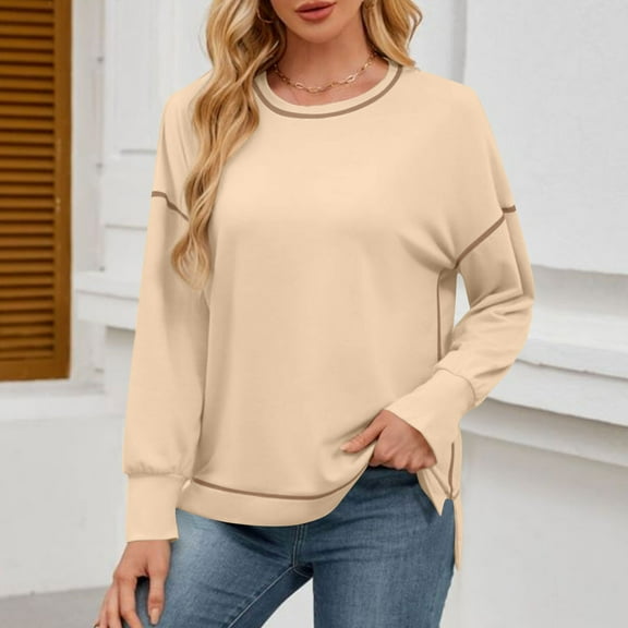 Karight Women's Fall Fashion Sweatshirt Casual Long Sleeve Crewneck Tops Trendy Contrast Stitching Side Slit Pullover Tops