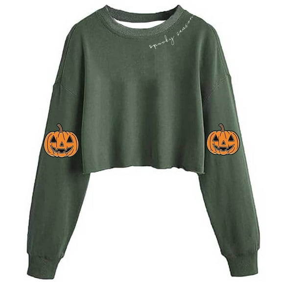 Karight Women's Fall Halloween Ghost Pumpkin Crop Sweatshirt Lantern Long Sleeve Pullover Spooky Season Sweatshirt