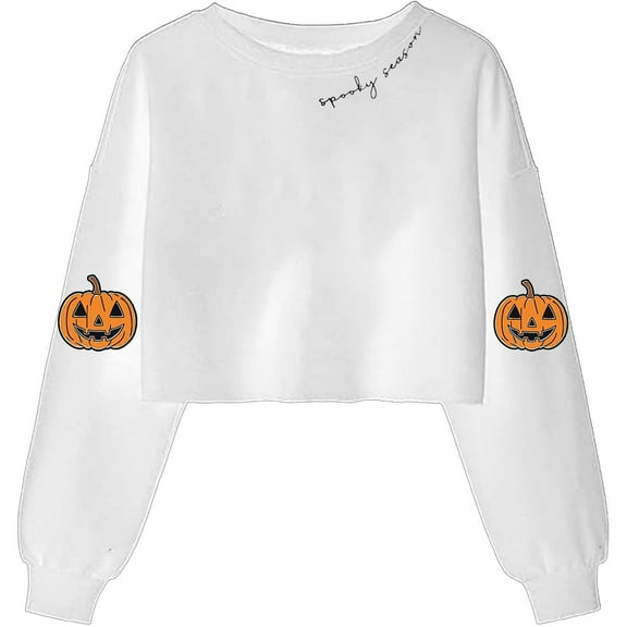 Karight Women's Fall Halloween Ghost Pumpkin Crop Sweatshirt Lantern Long Sleeve Pullover Spooky Season Sweatshirt