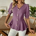 thumbnail image 1 of Karight Women's Fashion Casual Solid Color V-Neck Buttoned Short Sleeve Top, 1 of 7