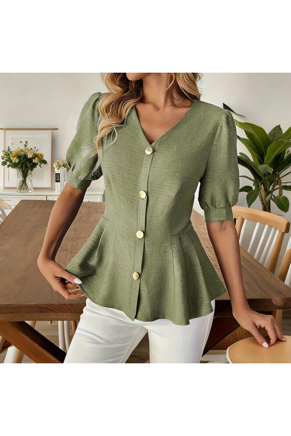 Women's Fashion Casual Solid Color V-Neck Buttoned Short Sleeve Top