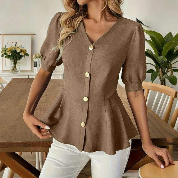 Karight Women's Fashion Casual Solid Color V-Neck Buttoned Short Sleeve Top