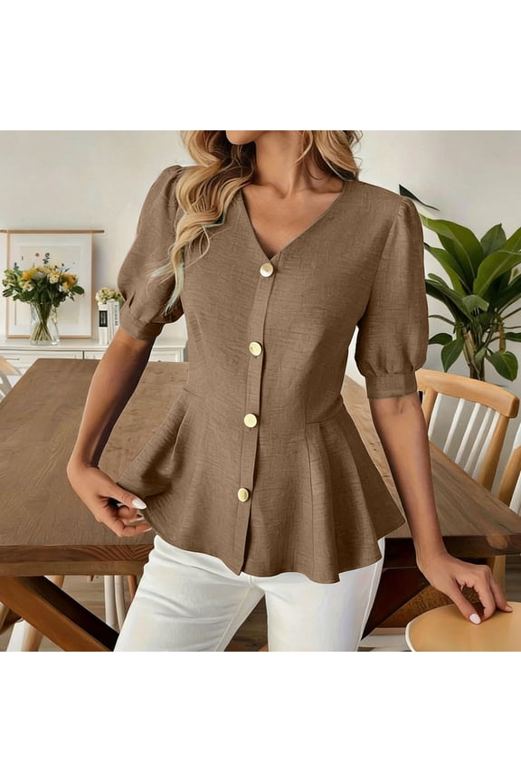 Women's Fashion Casual Solid Color V-Neck Buttoned Short Sleeve Top