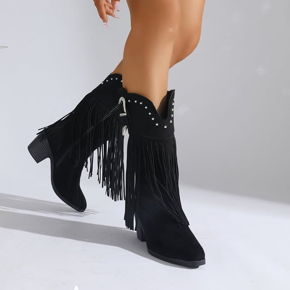 Karight Women's Fashion Casual Versatile Sweet Cool Western Tassel Fashionable Fall And Winter Style Trendy Thick Heel Buckle Mid-Calf Boots