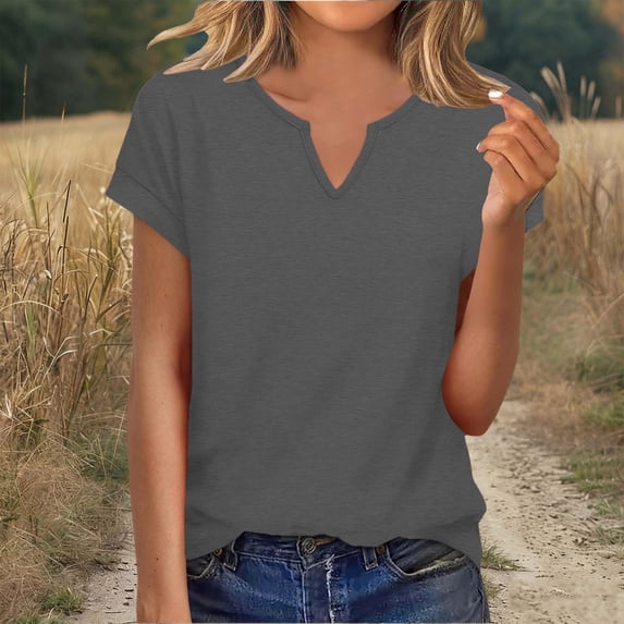 Karight Women's Fashion Spring Summer Solid Color T-Shirt Short Sleeve V-Neck Top