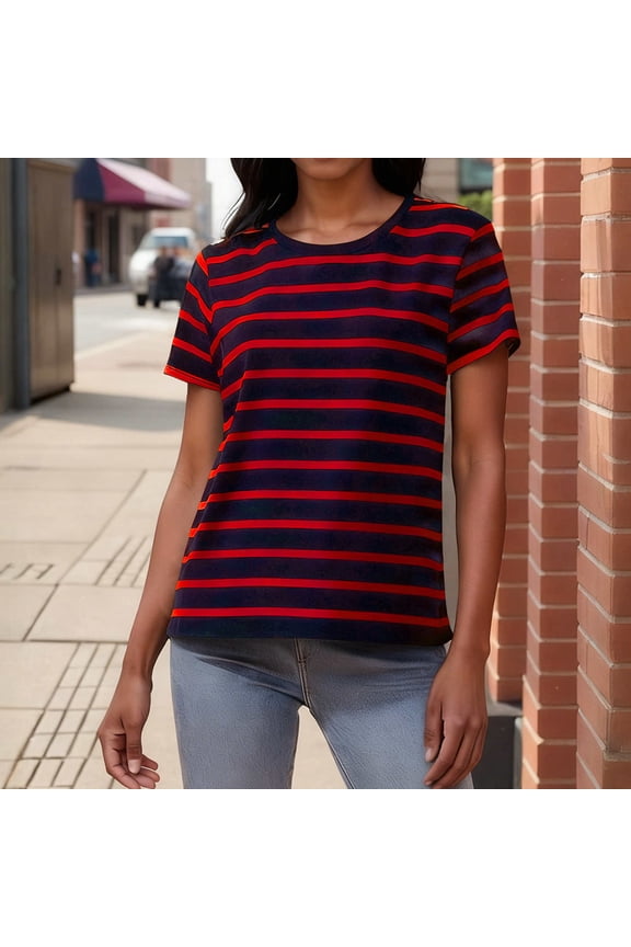 Women's Fashion Striped Casual Short-Sleeve Crew Neck T-Shirt