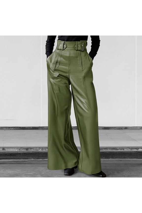 Women's Faux Leather Pants PU High Waist Wide Leg Pants with Pockets Pleated Going Out Flare Trousers