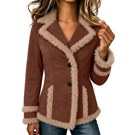 Karight Women's Faux Suede Jacket with Faux Fur Trim – Vintage Button Down Coat with Pockets & Fur Cuffs – Warm Winter Outerwear for Fall & Winter