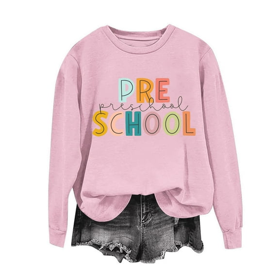 Karight Women's First Day Of School Teacher Shirts Crewneck Pre School Printed Hoodless Sweatshirt Comfy Fashion Fall Winter Top