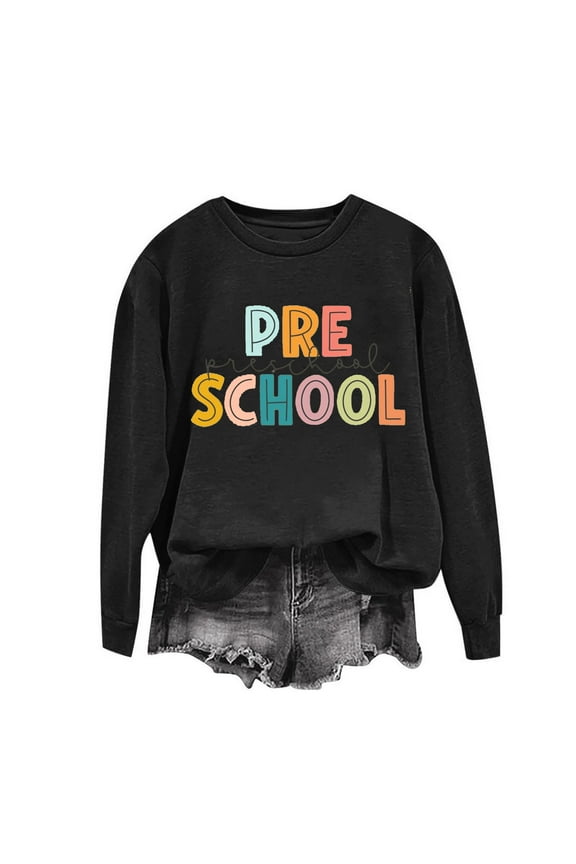 Women's First Day Of School Teacher Shirts Crewneck Pre School Printed Hoodless Sweatshirt Comfy Fashion Fall Winter Top