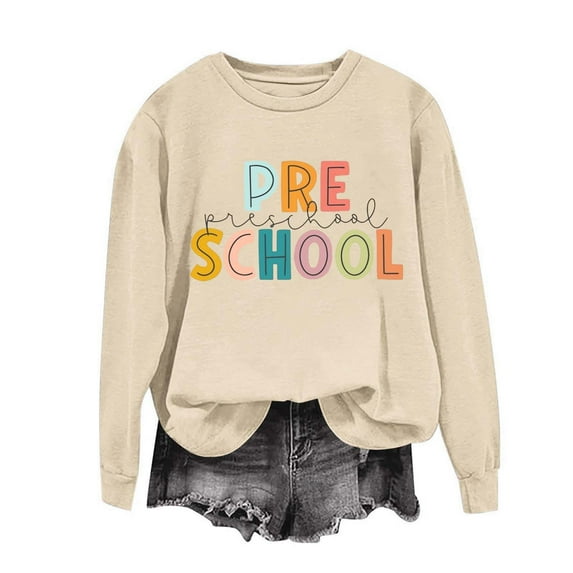 Karight Women's First Day Of School Teacher Shirts Crewneck Pre School Printed Hoodless Sweatshirt Comfy Fashion Fall Winter Top