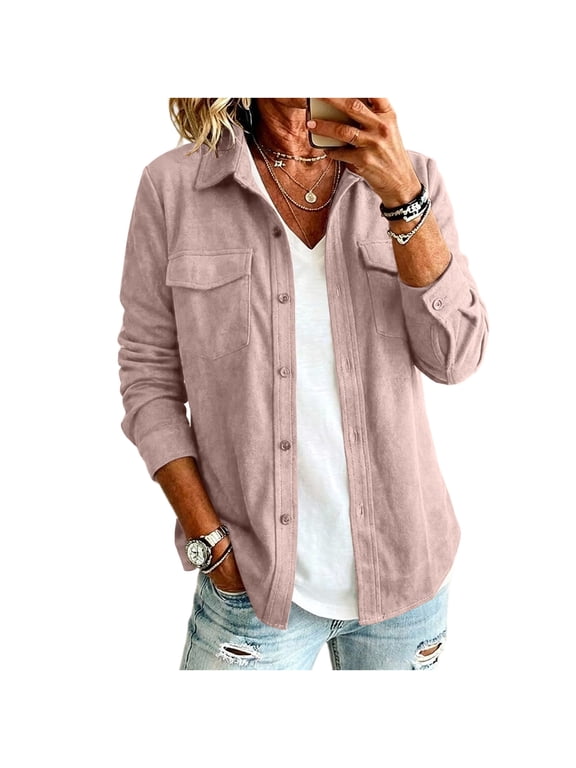 Women's Fleece Button Down Shirt Jacket – Casual Long Sleeve Shackets with Flap Pockets – Warm Cozy Overshirt for Fall & Winter Layering