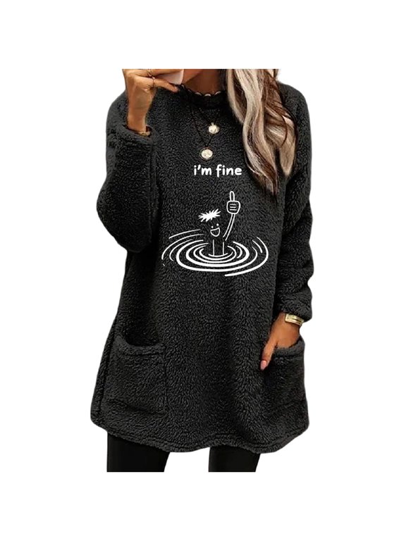 Women's Fleece Tunic Sweatshirt Funny "I'm Fine" Graphic Print Long Sleeve Crew Neck Mid-Length Pullover with Pockets Casual Winter Top