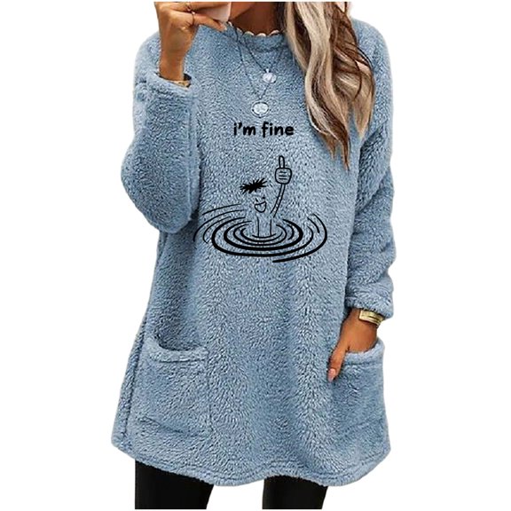 Karight Women's Fleece Tunic Sweatshirt Funny "I'm Fine" Graphic Print Long Sleeve Crew Neck Mid-Length Pullover with Pockets Casual Winter Top