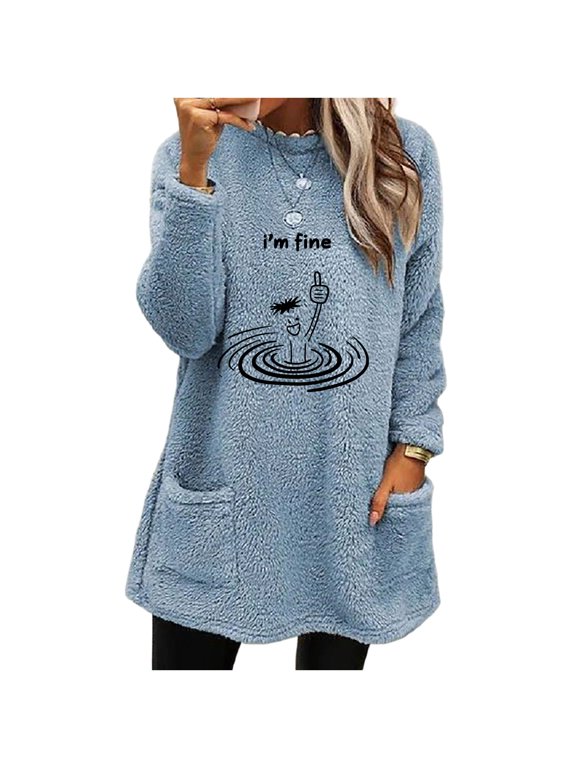 Women's Fleece Tunic Sweatshirt Funny "I'm Fine" Graphic Print Long Sleeve Crew Neck Mid-Length Pullover with Pockets Casual Winter Top