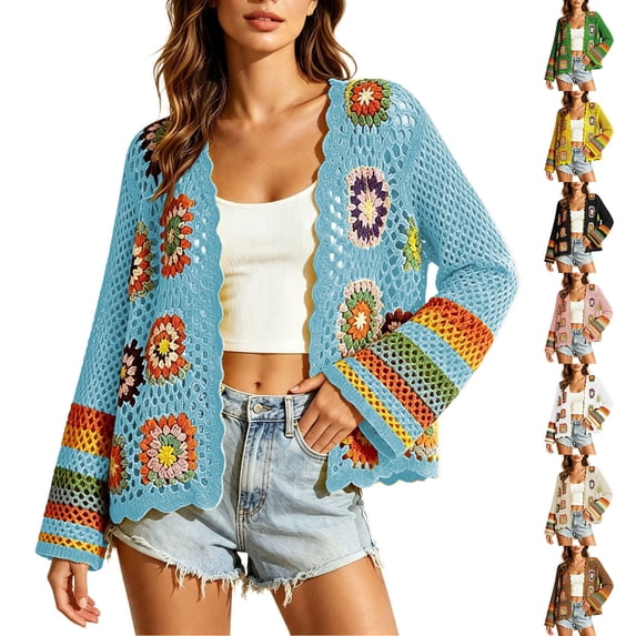 Karight Women's Floral Crochet Cardigan Boho Hollow Out Sweater Cardigan