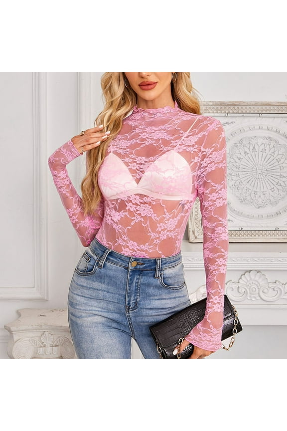 Women's Floral Lace Mesh Long Sleeve Top Mock Neck Sheer See Through Fitted Blouse for Party Club Night Out Layering Shirt