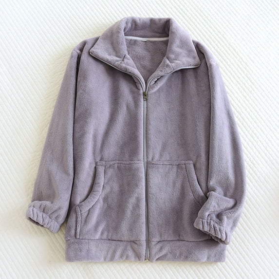 Karight Women's Full Zip Flannel Jacket Fuzzy Fleece Pajama Tops Long Sleeve Plush Warm Winter Sleepwear Coat with Pockets