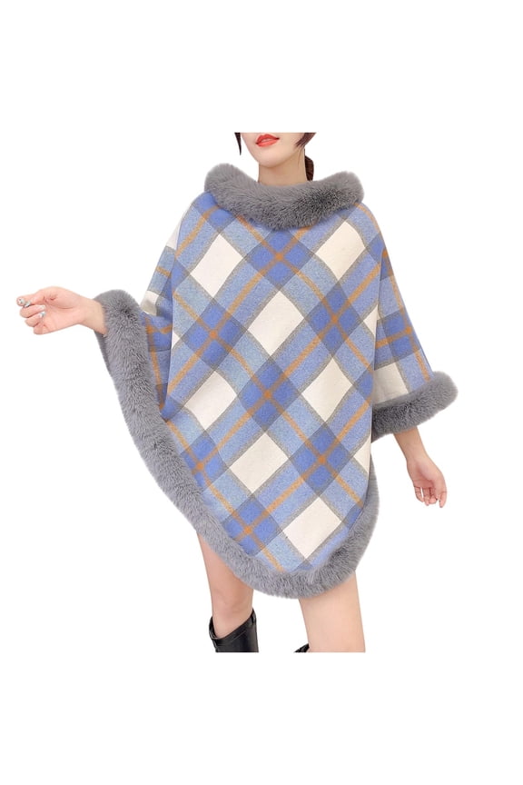 Women's Furry Warm Cape Coat Pullover Poncho Fluffy Fur-Collar Shawl Wrap Fall Winter Outdoor/Indoor Cloak