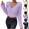 thumbnail image 1 of Karight Women's Fuzzy Fleece Long Sleeve V Neck Crop Sweater Casual Plain Slim Fit Warm Knitwear Sweater Tops, 1 of 9