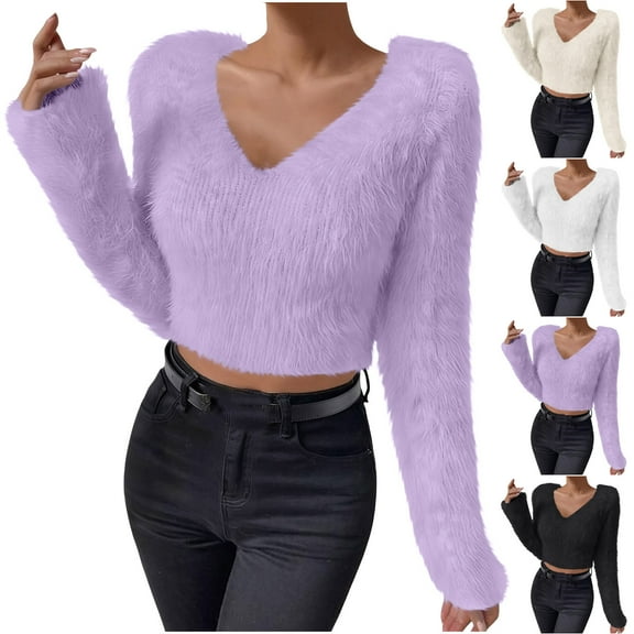 Karight Women's Fuzzy Fleece Long Sleeve V Neck Crop Sweater Casual Plain Slim Fit Warm Knitwear Sweater Tops