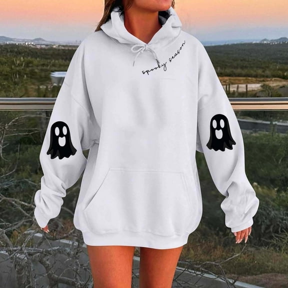 Karight Women's Ghost Graphic Sweatshirts Halloween Printing Hoodies Oversized Loose Fit Sweatshirt Pullover Long Sleeve Pullover