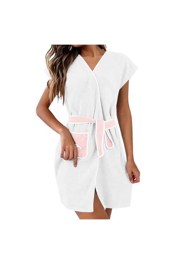 Women's Gown Short Sleeve Terry Home Cloth Bathrobe Belted Spa Hotel | Dressing Absorbent Quick-Dry Robes with Pockets