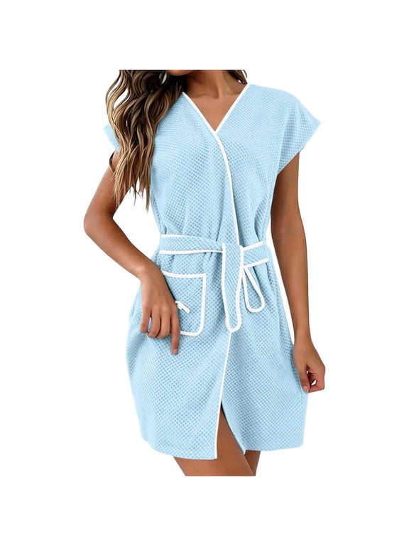 Women's Gown Short Sleeve Terry Home Cloth Bathrobe Belted Spa Hotel | Dressing Absorbent Quick-Dry Robes with Pockets