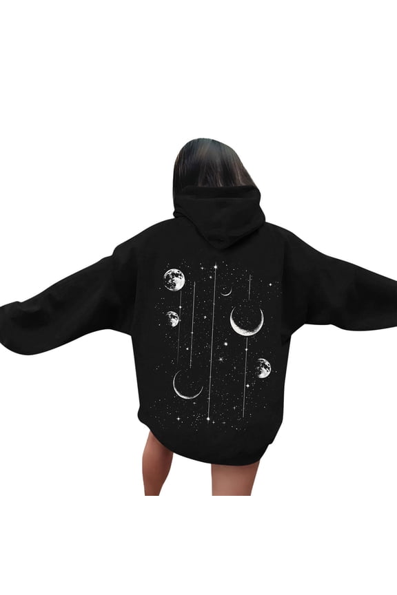 Women's Graphic Hoodies Drawstring Long Sleeve Moon Print Sweatshirt Pullover Fall Tops