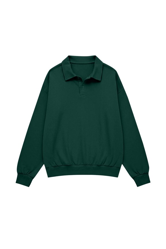 Women's Half Button Collared Sweatshirt Drop Shoulder Long Sleeve Fleece Pullover Oversized Casual Polo Top with Ribbed Cuffs