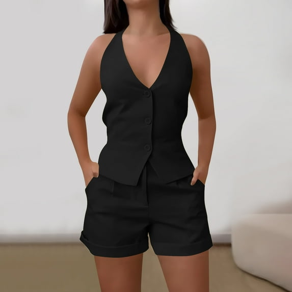 Karight Women's Halter Blazer Vest Formal Business Dress Suits V-Neck Vintage Waistcoats and Flat Front Shorts Sets