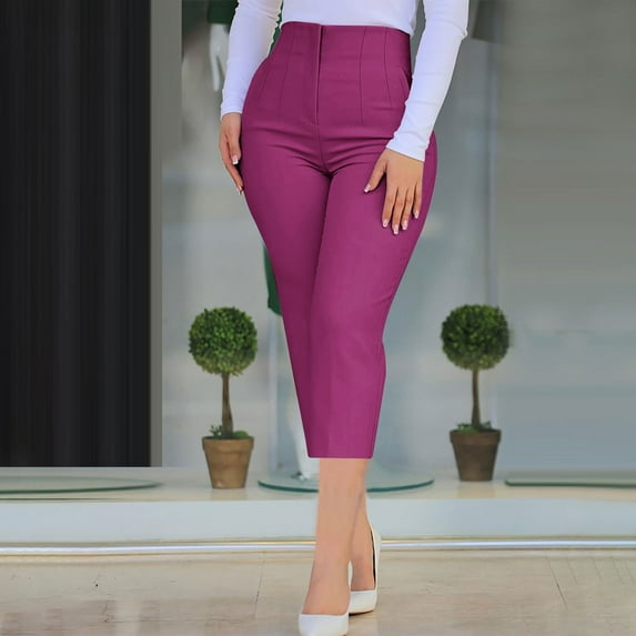 Karight Women's High Waist Pull-On Dress Pants Tummy Control Work Pants for Business Casual Trousers with Pockets Purple