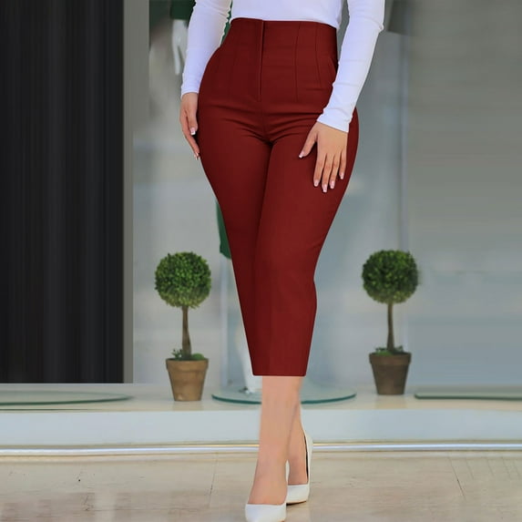 Karight Women's High Waist Pull-On Dress Pants Tummy Control Work Pants for Business Casual Trousers with Pockets Wine