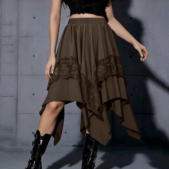 Karight Women's High Waisted Asymmetrical Hem Skirt with Lace Trim Gothic Steampunk Ruffle Midi Skirt