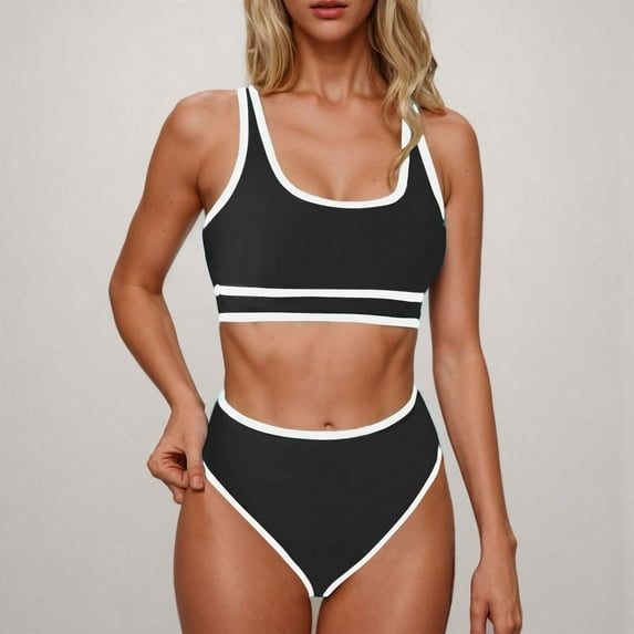 Karight Women's High Waisted Bikini Sets Sporty Two Piece Swimsuits Color Block Cheeky High Cut Bathing Suits