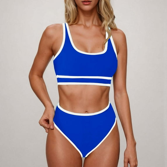 Karight Women's High Waisted Bikini Sets Sporty Two Piece Swimsuits Color Block Cheeky High Cut Bathing Suits