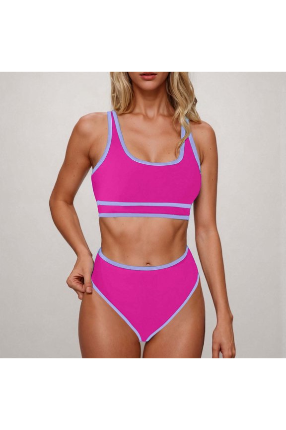 Karight Women's High Waisted Bikini Sets Sporty Two Piece Swimsuits Color Block Cheeky High Cut Bathing Suits