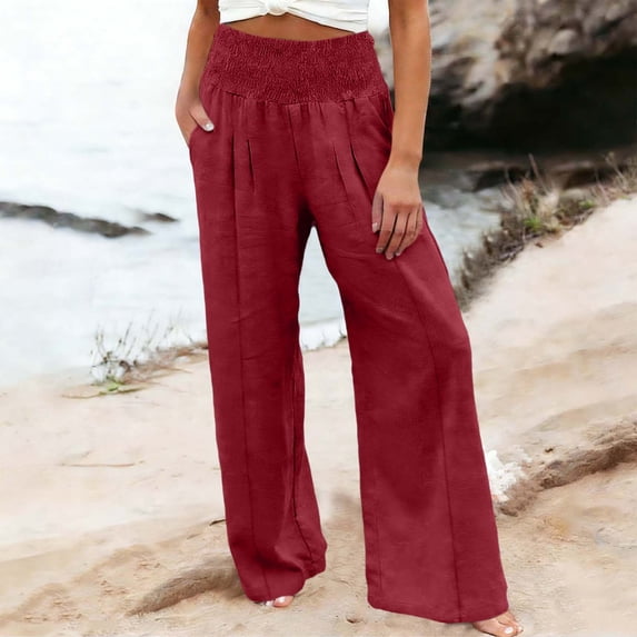 Karight Women's High Waisted Smocked Wide Leg Pants Casual Pleated Pocketed Linen Blend Palazzo Pants