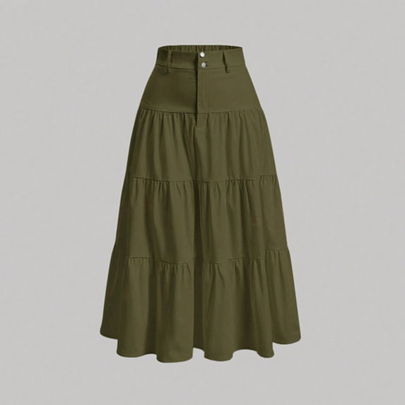 Karight Women's High Waisted Tiered Ruffle Maxi Skirt Casual A-Line Flowy Long Skirt with Button Closure