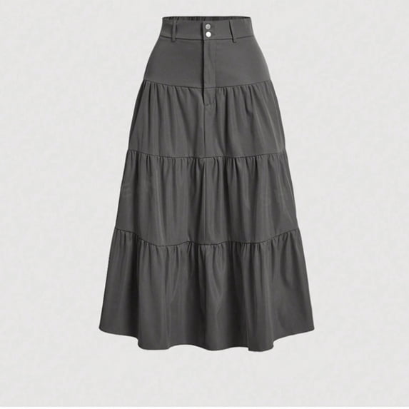 Karight Women's High Waisted Tiered Ruffle Maxi Skirt Casual A-Line Flowy Long Skirt with Button Closure