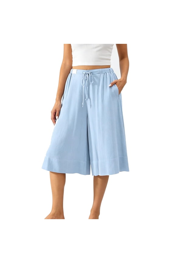 Women's High Waisted Wide Leg Culottes with Drawstring Casual Loose Fit Cropped Pants with Pockets