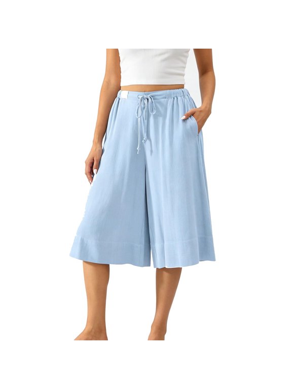 Women's High Waisted Wide Leg Culottes with Drawstring Casual Loose Fit Cropped Pants with Pockets